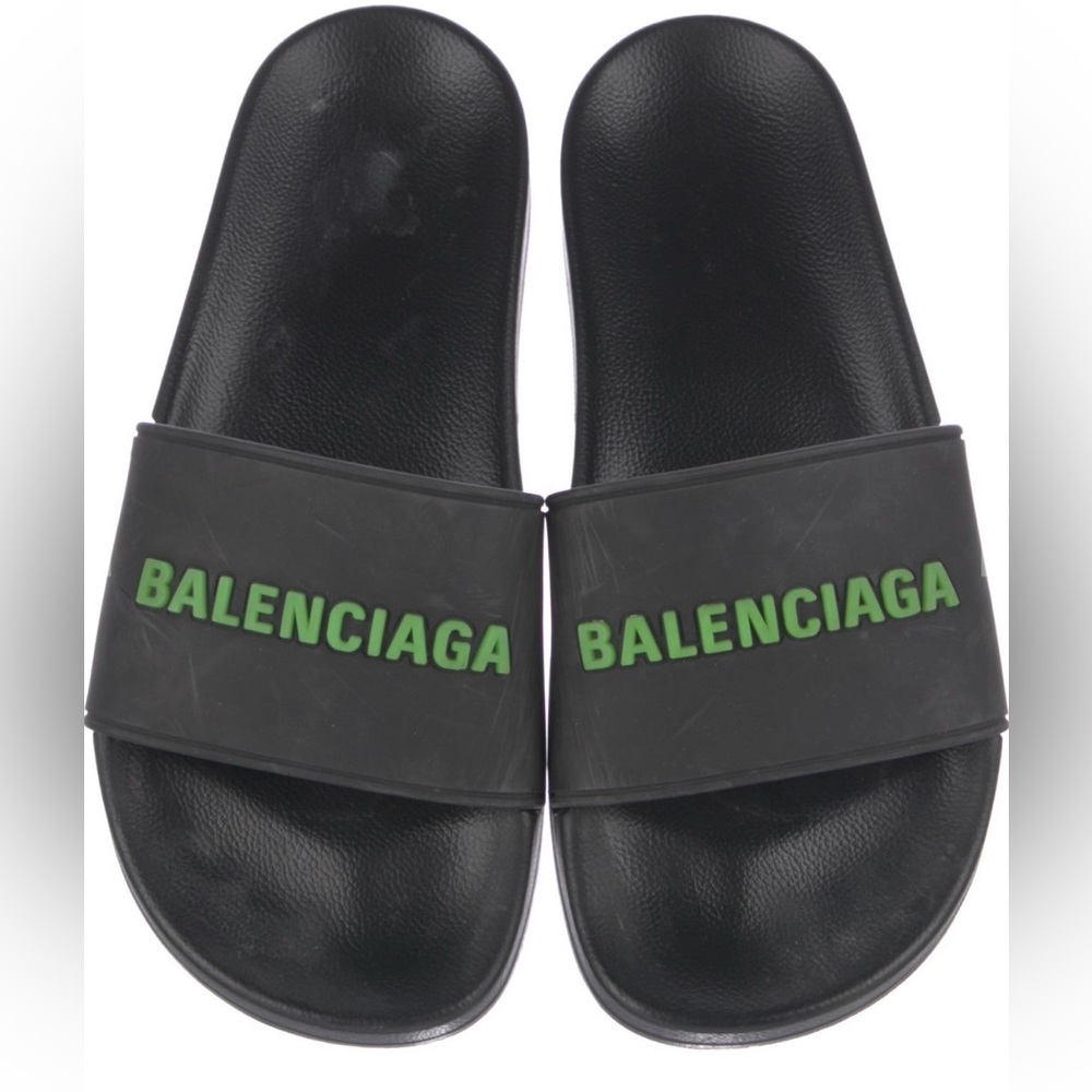 Balenciaga Women's Black Slide Sandals with Green Logo